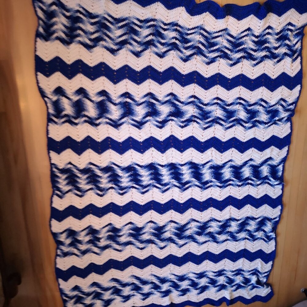 Handmade Crochet Afghan in Chevron or Ripple Pattern Royal Blue White & Blue Mix